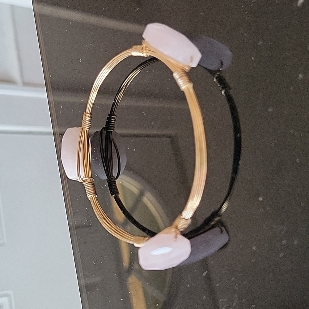 Bourbon & Bowties Gold Plated Wire Wrapped Rose Quartz Bangle Bracelet